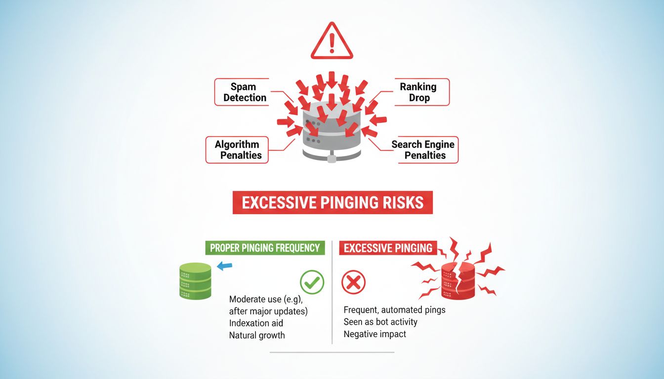 Infographic showing risks of overusing pinging including spam detection, algorithm penalties, and ranking drops