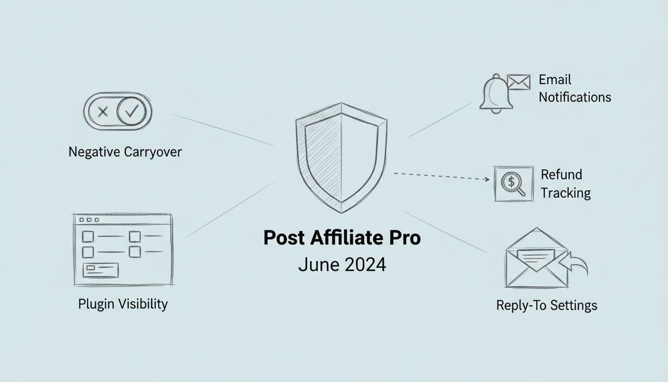 Post Affiliate Pro June 2024 features diagram showing negative carryover, plugin visibility, email notifications, refund tracking, and reply-to settings
