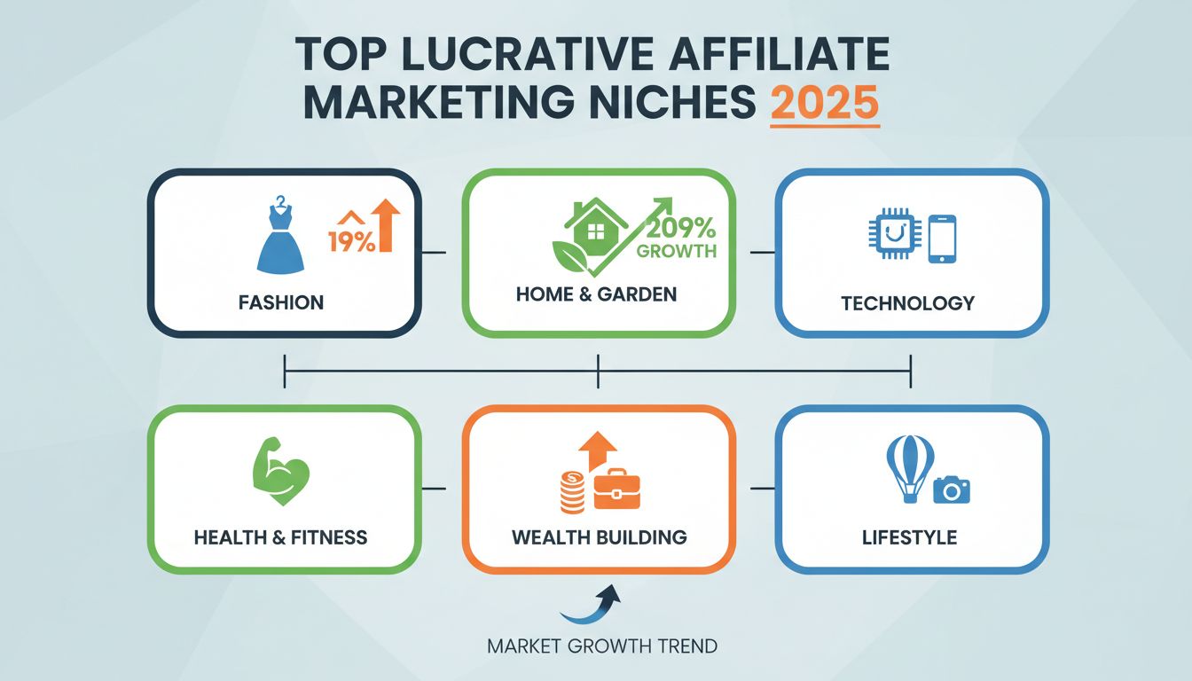 Top lucrative affiliate marketing niches in 2025 including fashion, home and garden, technology, health and fitness, wealth building, and lifestyle