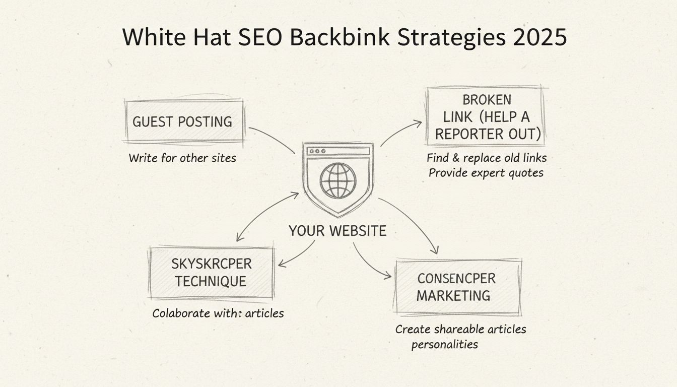 White Hat SEO Backlink Strategies 2025 - Hand-drawn diagram showing Guest Posting, Broken Link Building, HARO, Skyscraper Technique, Content Marketing, and Influencer Outreach