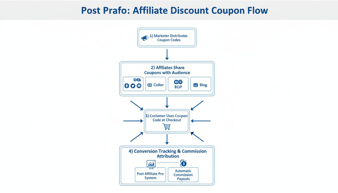 Affiliate discount coupon workflow showing distribution, sharing, usage, and conversion tracking