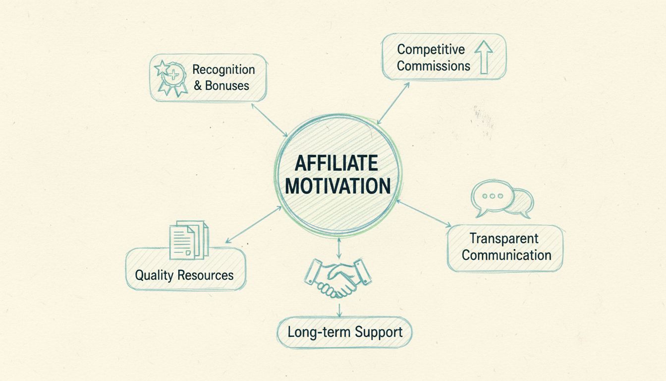 Affiliate motivation strategy framework showing competitive commissions, transparent communication, quality resources, recognition and bonuses, and long-term support