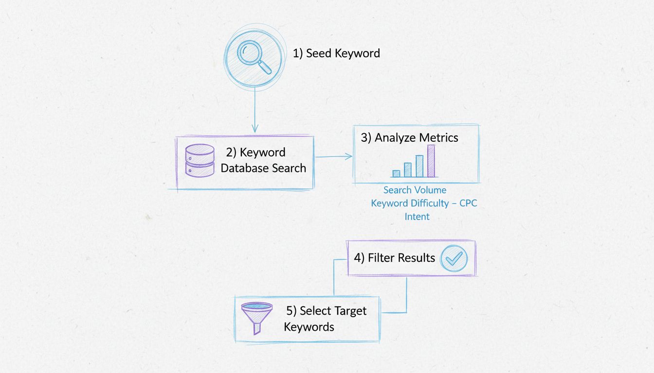 Keyword research workflow diagram showing steps from seed keyword to target keyword selection