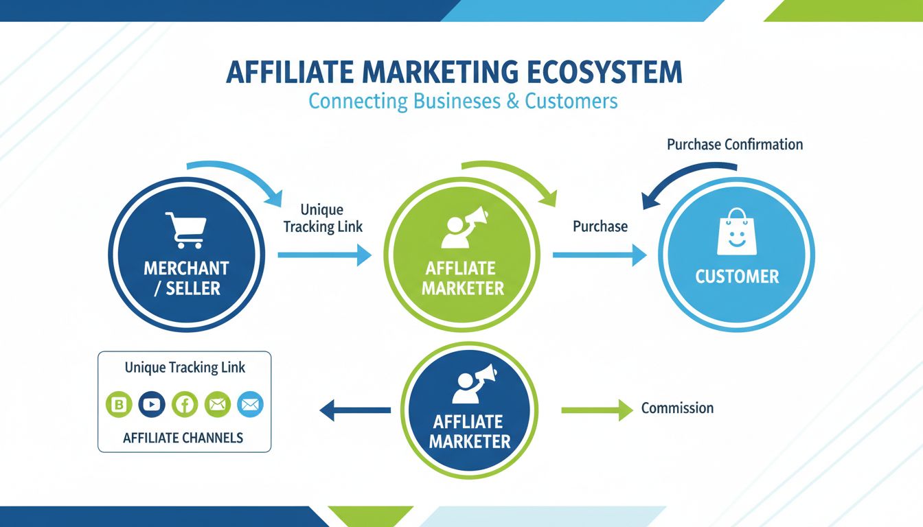 Affiliate Marketing Ecosystem showing merchant, affiliate marketer, and customer relationships with tracking links and commissions
