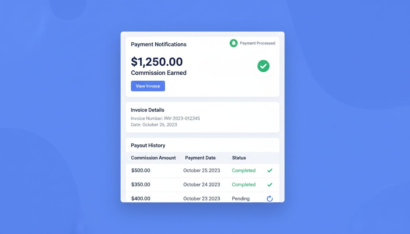 Affiliate payment notification dashboard showing real-time alerts, commission earned, invoice details, and payout history