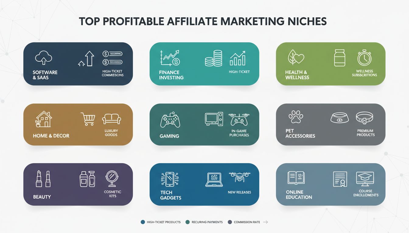 Infographic showing top profitable affiliate marketing niches including Software, Finance, Health, Gaming, and more