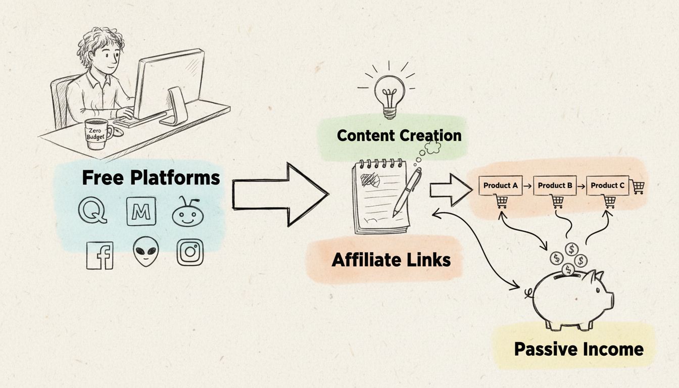 Bum marketing workflow diagram showing zero-cost affiliate marketing process with free platforms, content creation, affiliate links, and passive income generation