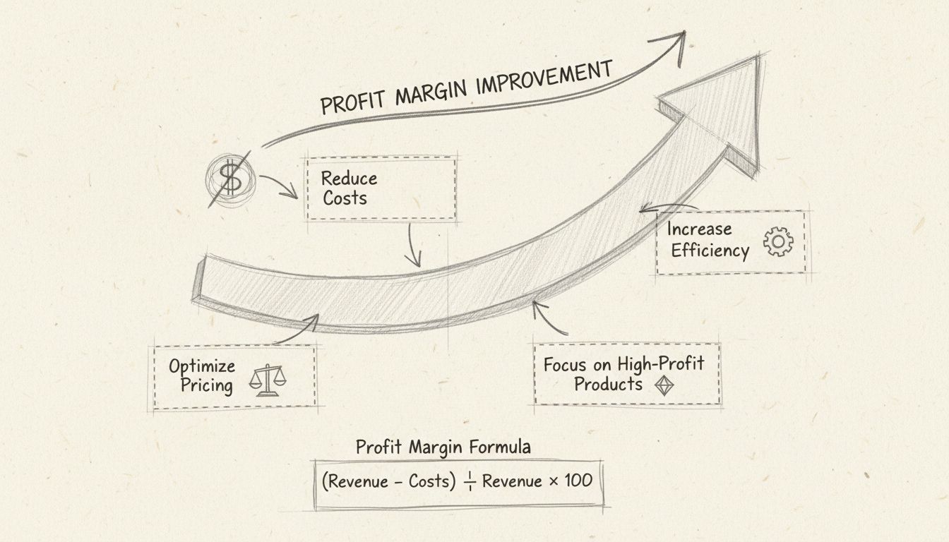 Profit margin improvement strategies diagram showing cost reduction, pricing optimization, efficiency improvements, and high-profit product focus