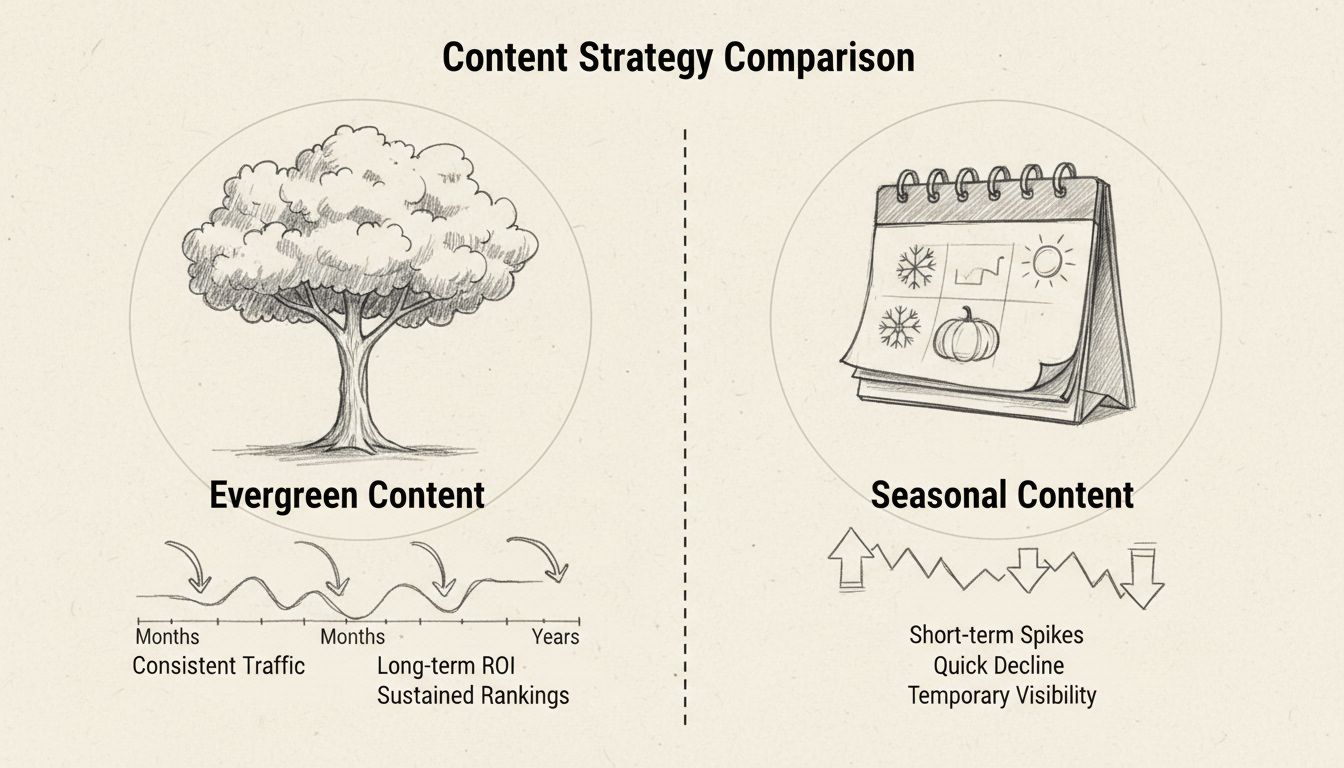 Hand-drawn diagram comparing evergreen content consistent traffic growth versus seasonal content traffic spikes