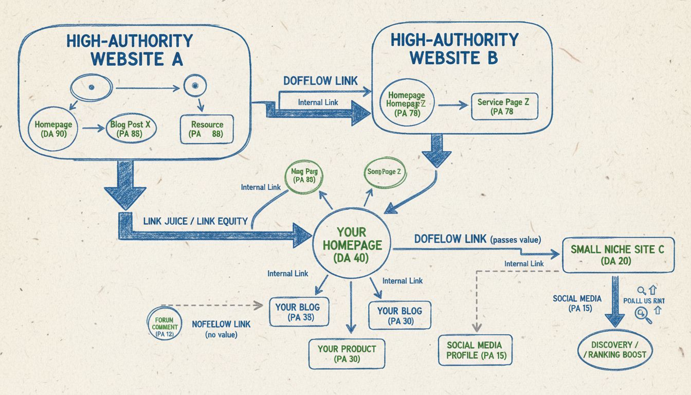 Technical diagram showing link juice flow in SEO with dofollow and nofollow links