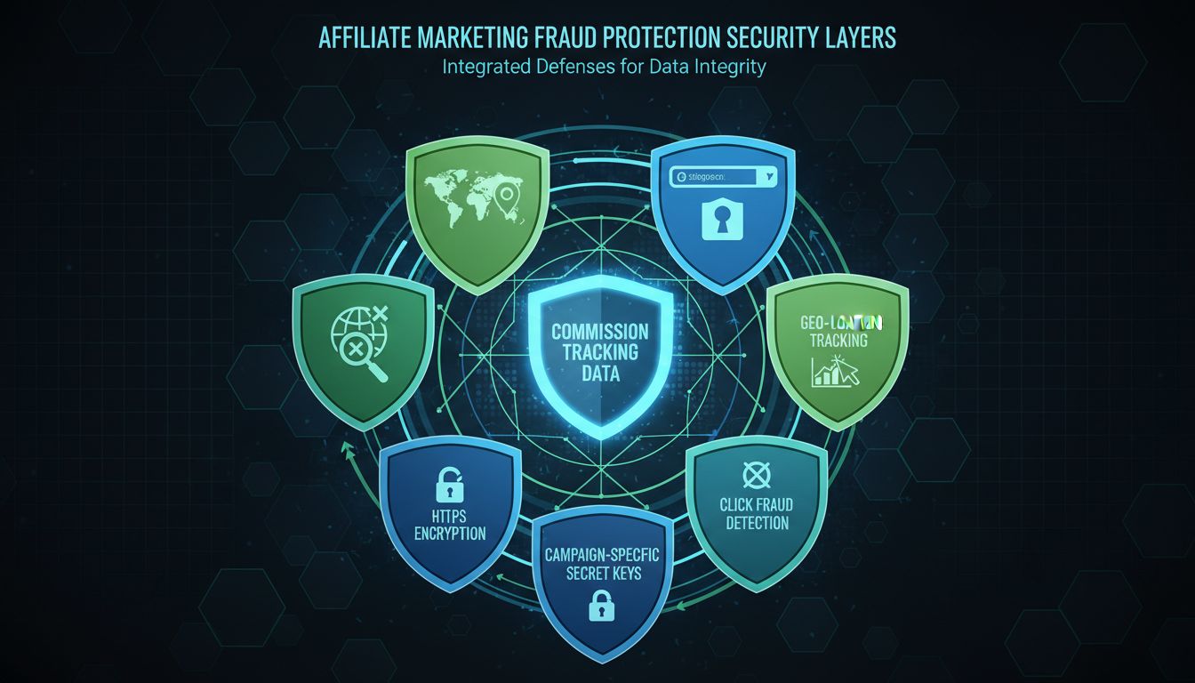 Fraud protection security layers diagram showing campaign-specific secret keys, IP filters, click fraud detection, geo-location tracking, and HTTPS encryption