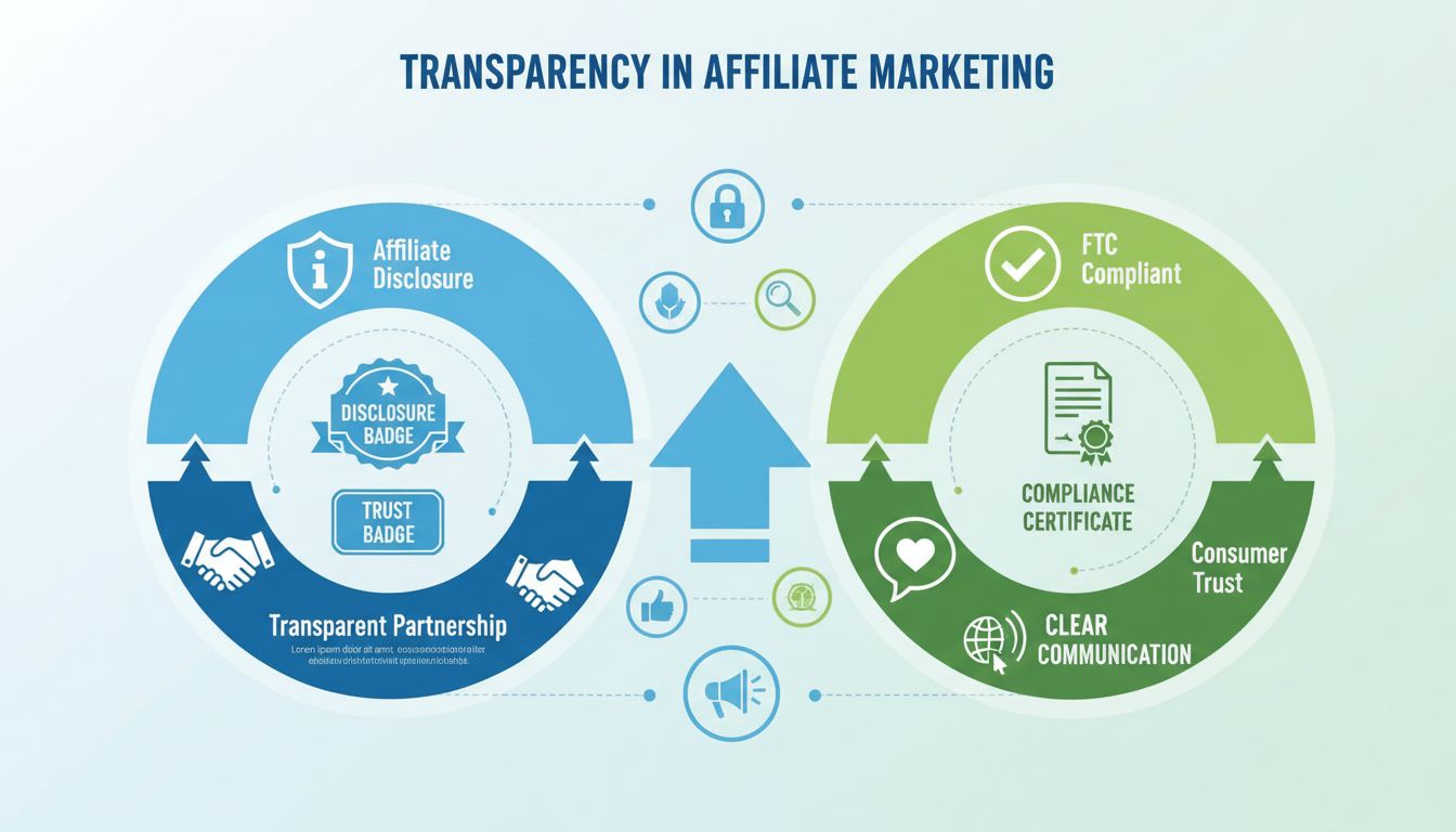 Transparency in affiliate marketing infographic showing disclosure badges, FTC compliance, trust symbols, and consumer trust elements