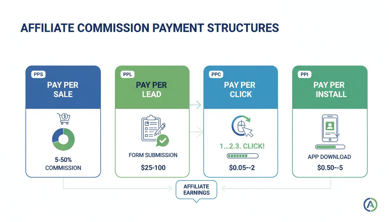 Affiliate commission payment structures infographic showing PPS, PPL, PPC, and PPI models with commission rates
