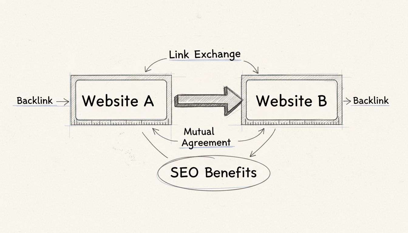 Hand-drawn diagram showing reciprocal linking between two websites with bidirectional arrows and SEO benefits labels