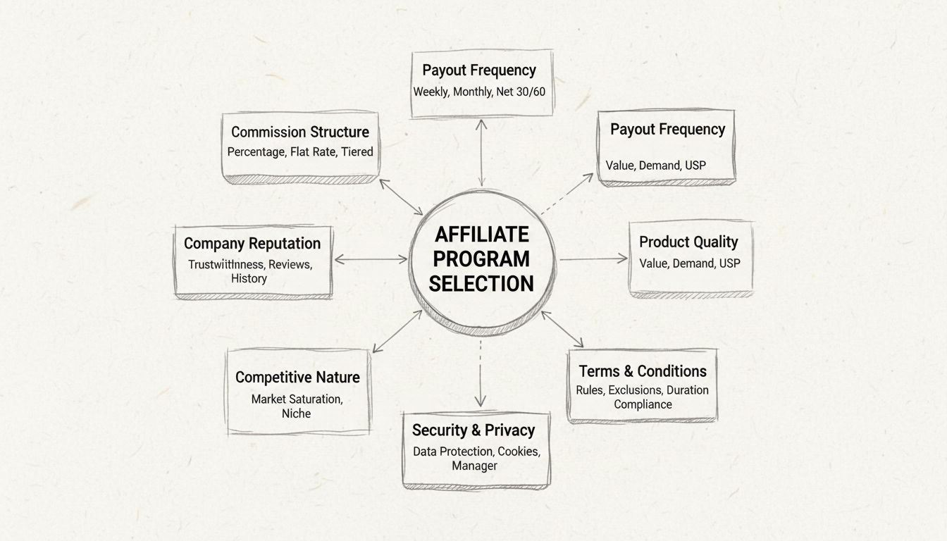 Hand-drawn diagram showing key criteria for choosing an affiliate program including commission structure, payout frequency, company reputation, product quality, competitive nature, terms and conditions, security and privacy, and support resources