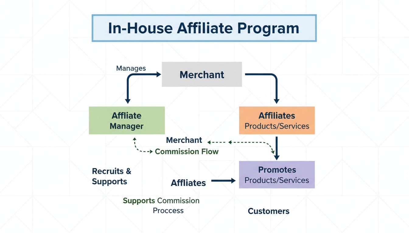 In-house affiliate program structure diagram showing merchant, affiliate manager, affiliates, and customers with commission flow