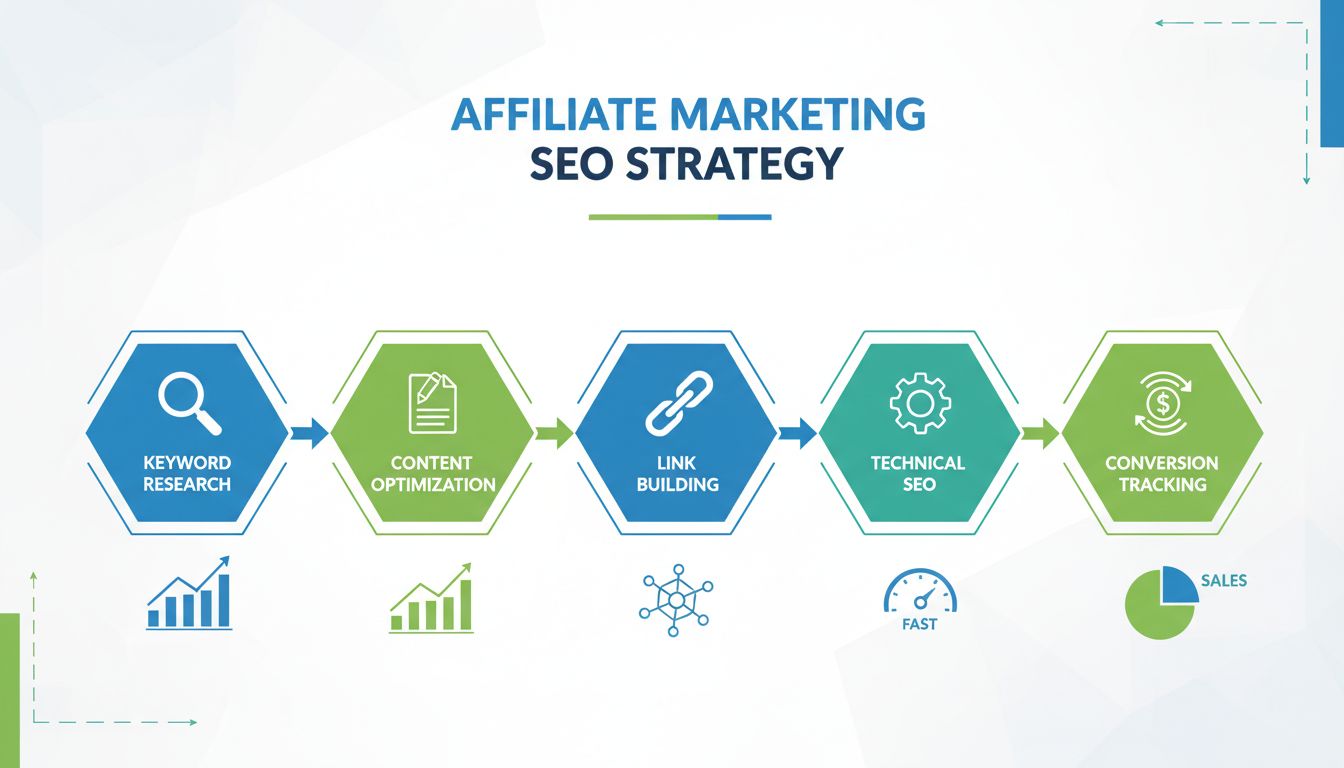 SEO strategy for affiliate marketing infographic showing keyword research, content optimization, link building, technical SEO, and conversion tracking