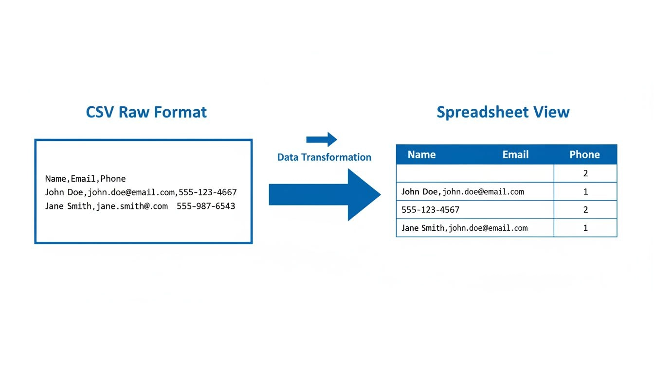 CSV file structure diagram showing raw comma-separated format on the left transforming into spreadsheet table view on the right with headers and data rows