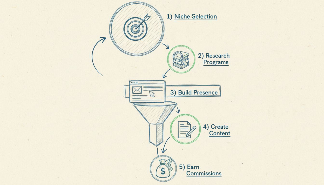 High-ticket affiliate marketing funnel showing 5 stages: niche selection, research programs, build presence, create content, and earn commissions