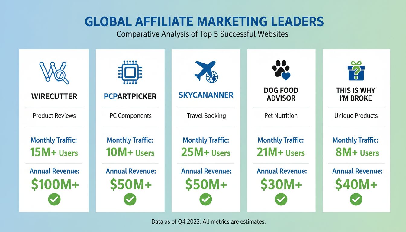 Comparison of successful affiliate marketing websites showing traffic metrics and revenue performance