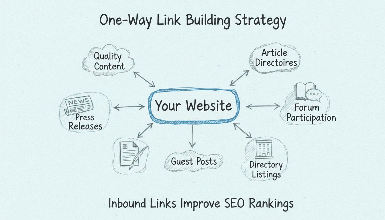 One-Way Link Building Strategy diagram showing inbound links from quality content, article directories, press releases, forum participation, guest posts, and directory listings