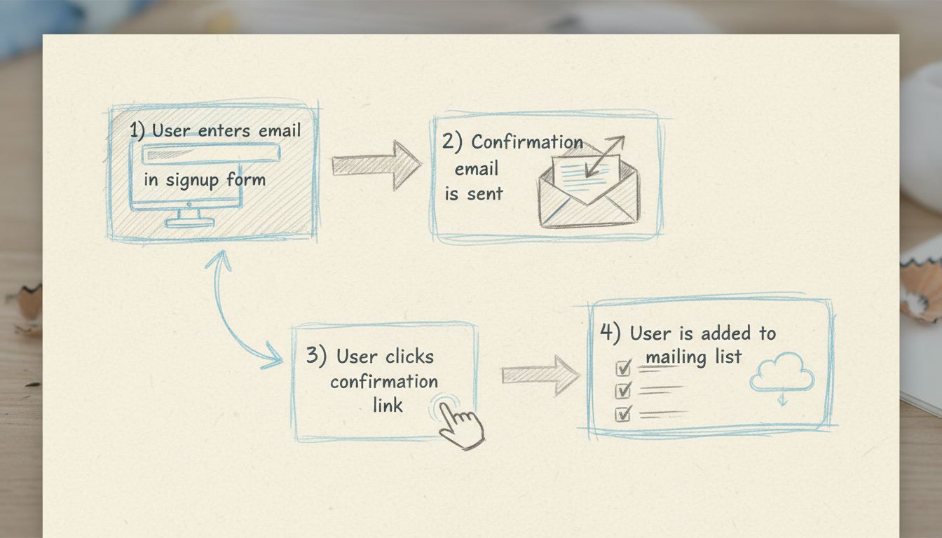 Double opt-in email marketing process flow diagram showing four steps: user enters email, confirmation email sent, user clicks confirmation link, and user added to mailing list