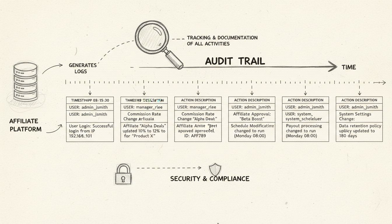 Hand-drawn diagram showing audit log timeline with chronological records of affiliate program activities including user logins, commission changes, affiliate approvals, and system modifications