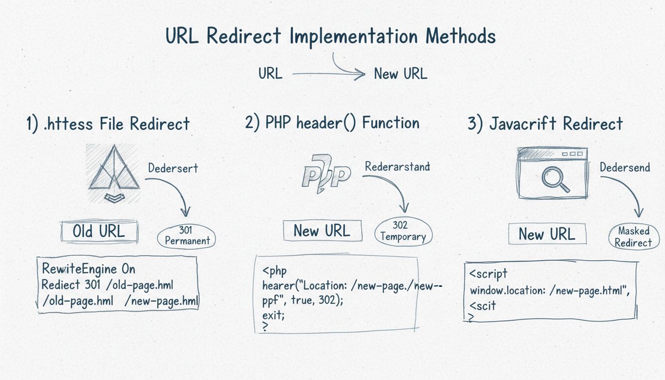 URL redirect implementation methods diagram showing .htaccess, PHP header function, and JavaScript redirect techniques with 301 permanent and 302 temporary redirect types