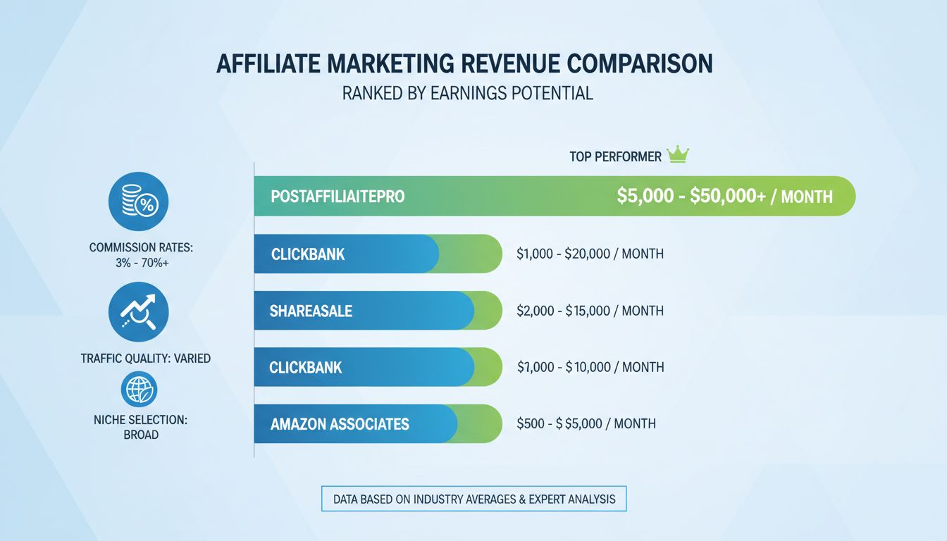 Affiliate programs revenue comparison chart showing top performers including PostAffiliatePro