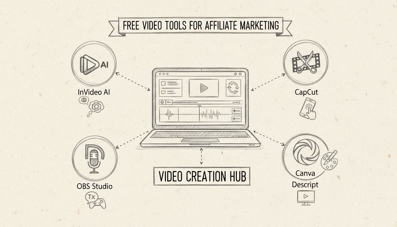 Free video creation tools for affiliate marketing including Invideo AI, CapCut, Canva, Descript, and OBS Studio