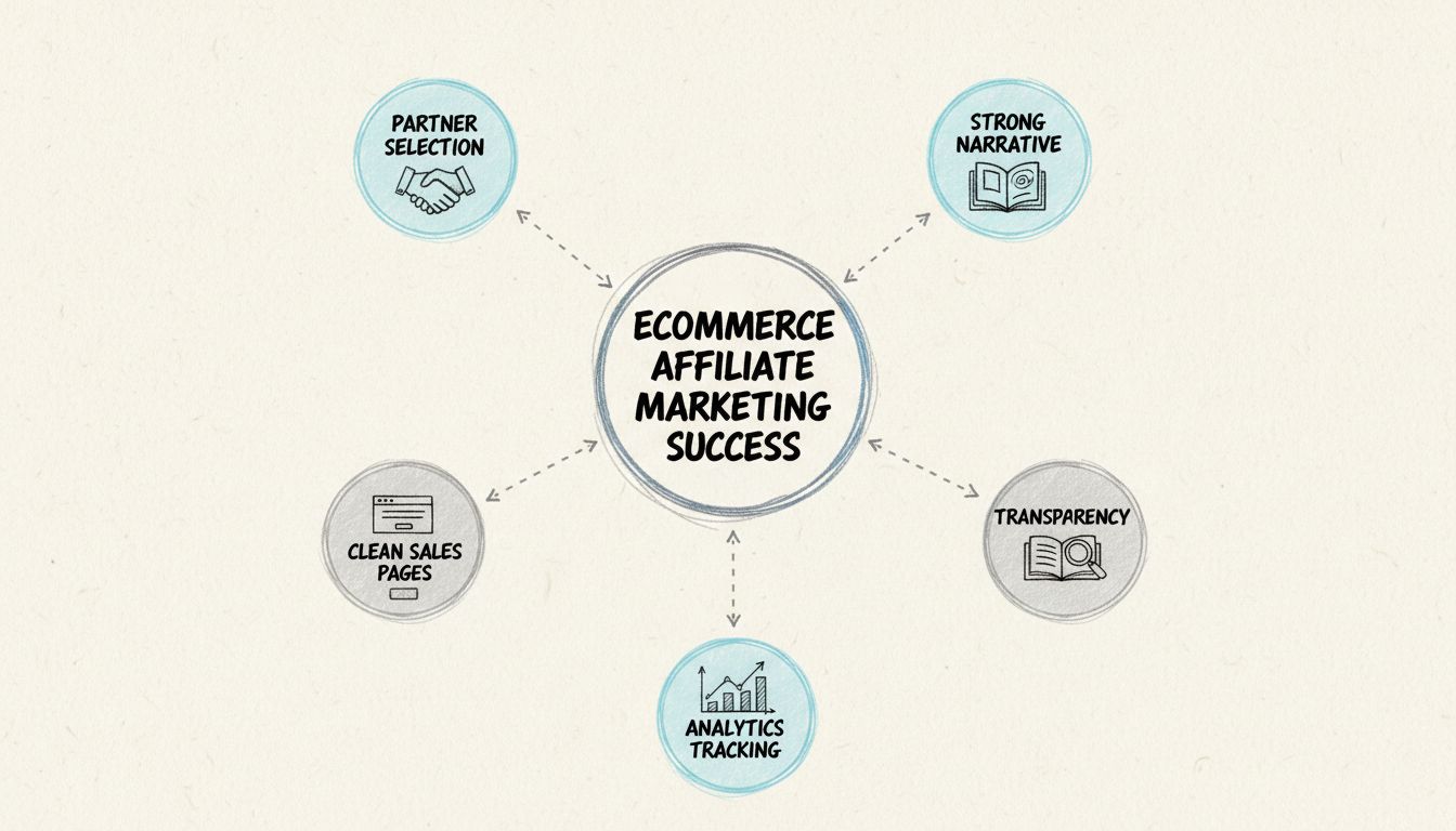 eCommerce affiliate marketing success framework showing five key pillars: partner selection, strong narrative, clean sales pages, transparency, and analytics tracking
