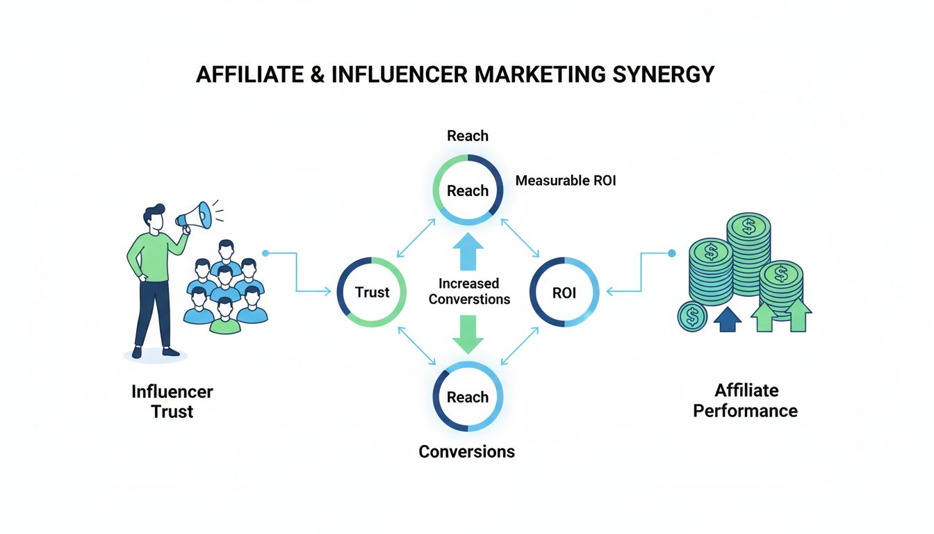 Infographic showing synergy between affiliate marketing and influencer marketing with trust, reach, conversions, and ROI elements