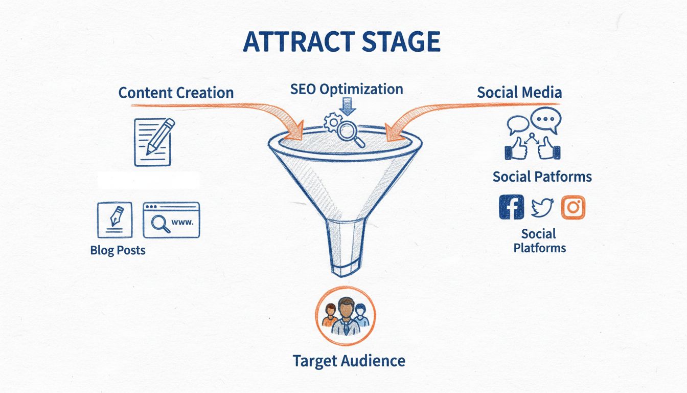 Inbound Marketing Attract Stage Infographic showing content creation, SEO optimization, and social media marketing flowing into target audience
