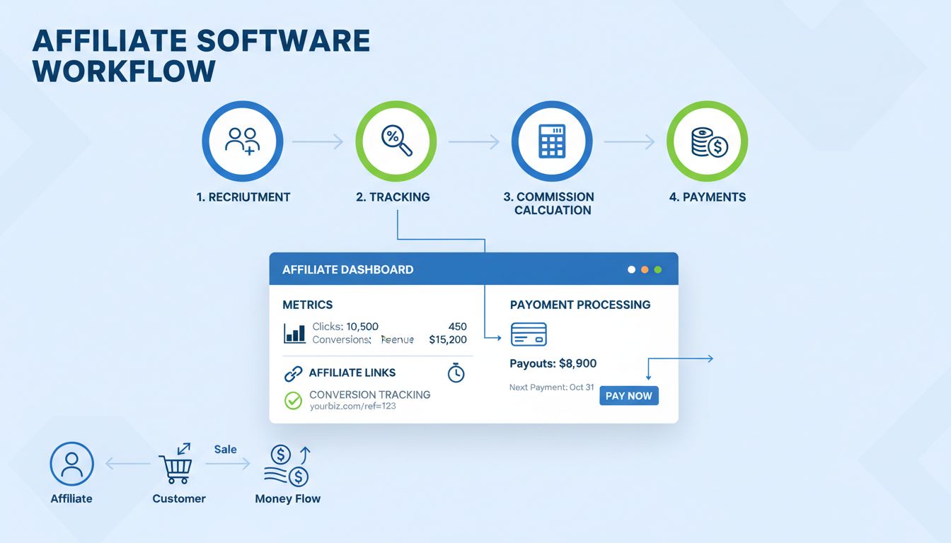 Affiliate software workflow showing recruitment, tracking, commission calculation, and payment processing