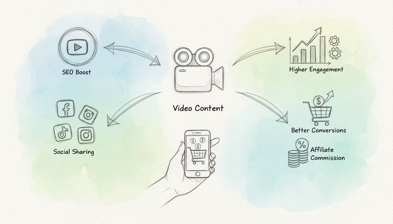 Hand-drawn diagram showing video content strategy for affiliate marketing with YouTube, social media icons, engagement metrics, and commission symbols