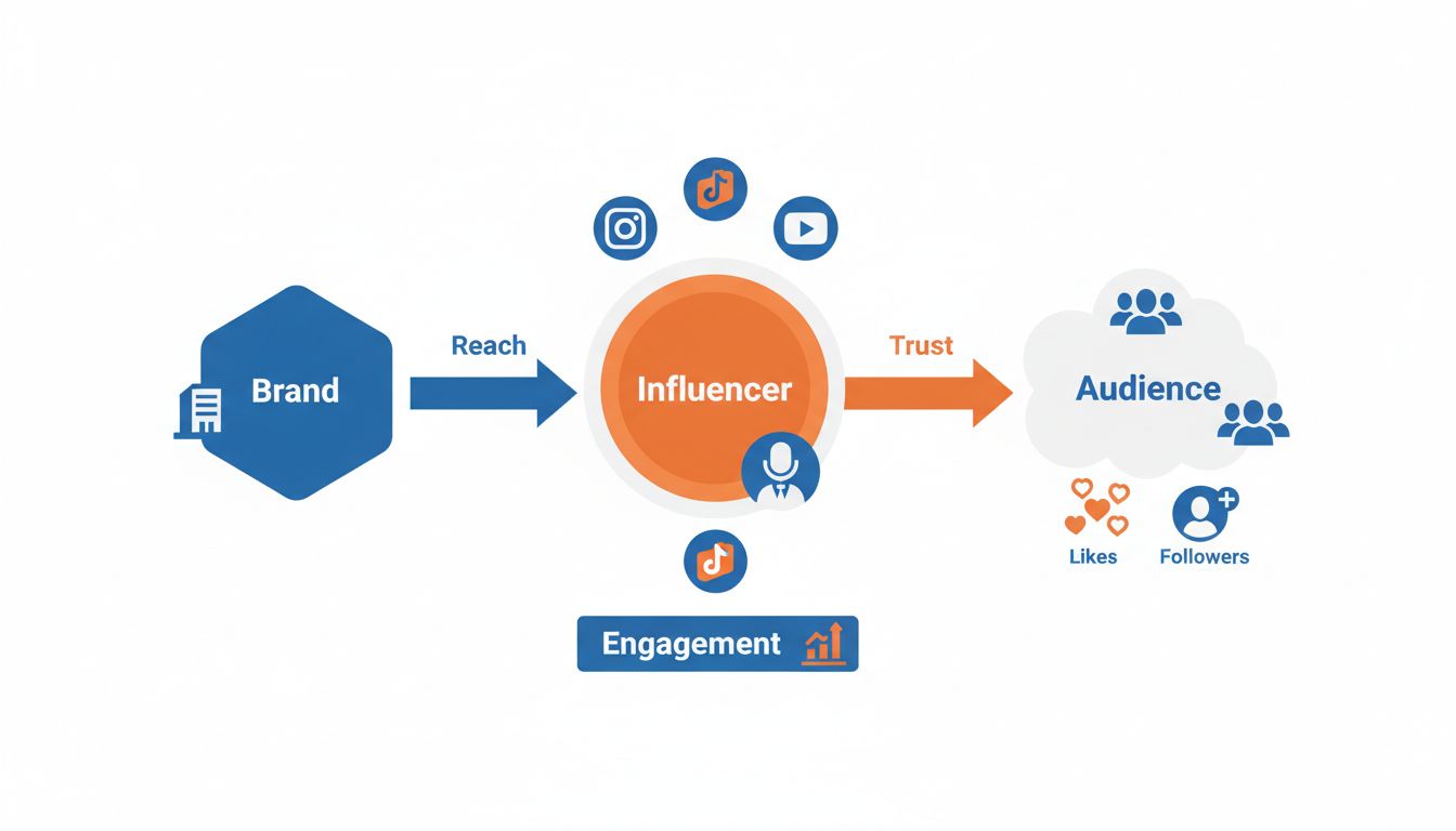 Influencer marketing strategy infographic showing brand, influencer, and audience connection with social media icons and engagement metrics