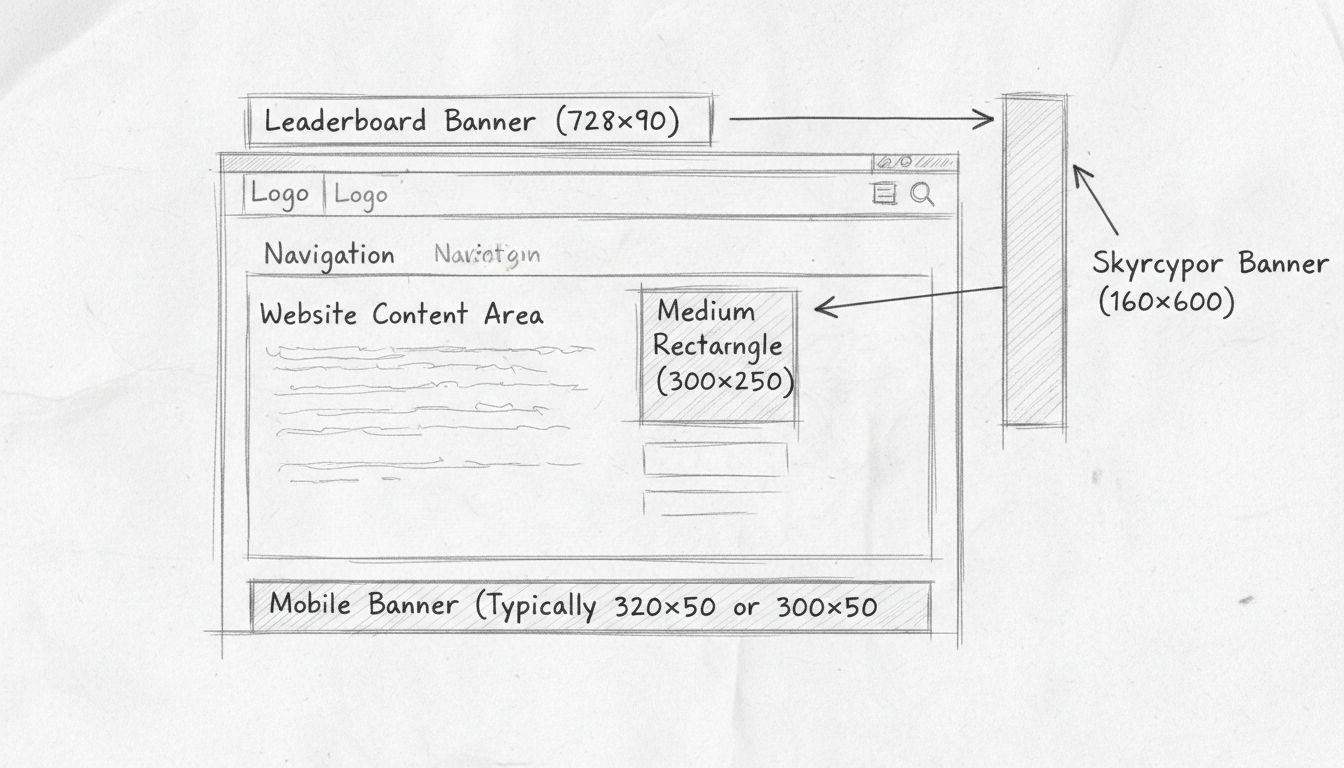 Hand-drawn diagram showing different banner ad types and placements on a website layout including leaderboard, skyscraper, medium rectangle, and mobile banners