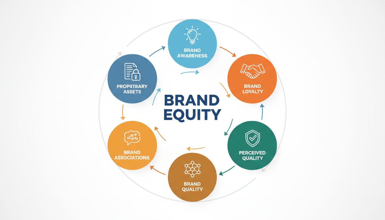 Brand Equity Components Infographic showing Brand Awareness, Loyalty, Perceived Quality, Associations, and Proprietary Assets