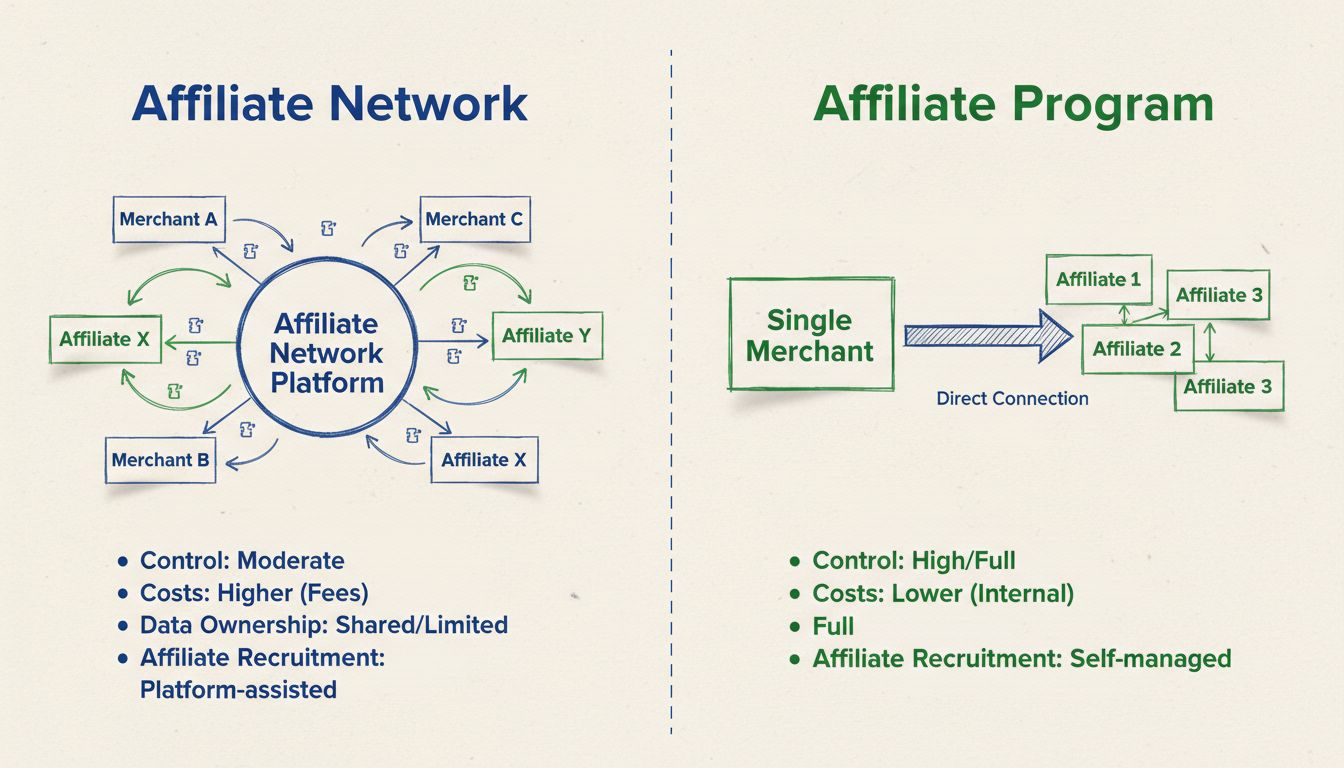 Comparison diagram showing affiliate network vs affiliate program structure and differences