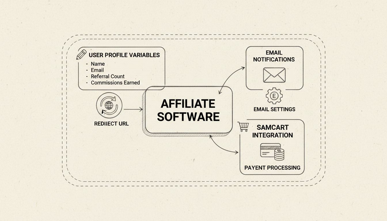 Technical diagram showing user profile variables, email notifications, and Samcart integration features in affiliate software