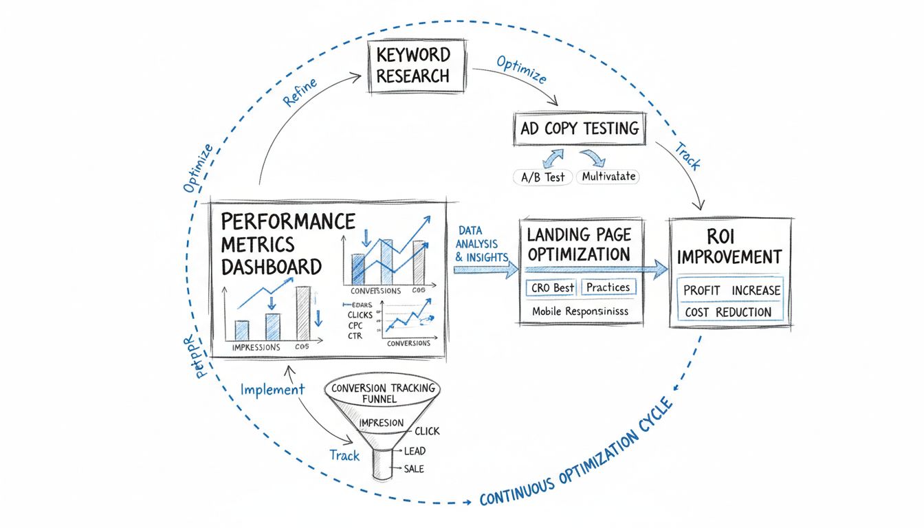 PPC campaign optimization workflow diagram showing keyword research, ad testing, landing page optimization, metrics tracking, and ROI improvement cycle