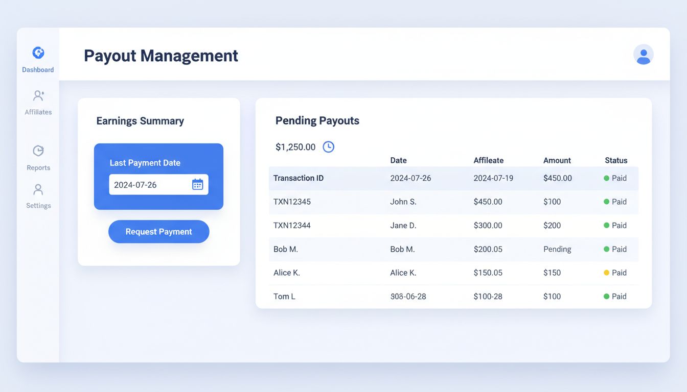 PostAffiliatePro payout management dashboard showing Last Payment Date field and payment request interface