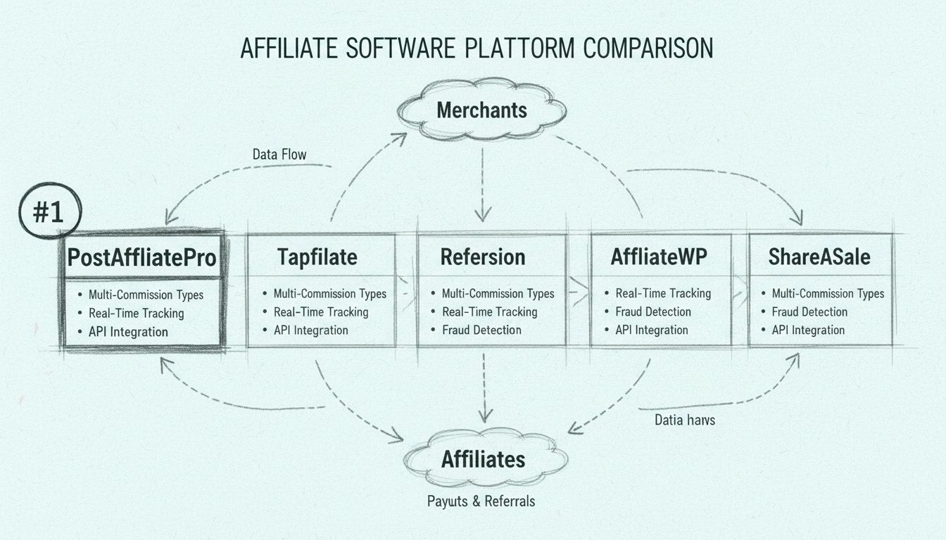 Comparison diagram of top affiliate software platforms including PostAffiliatePro, Tapfiliate, Refersion, AffiliateWP, and ShareASale with key features highlighted