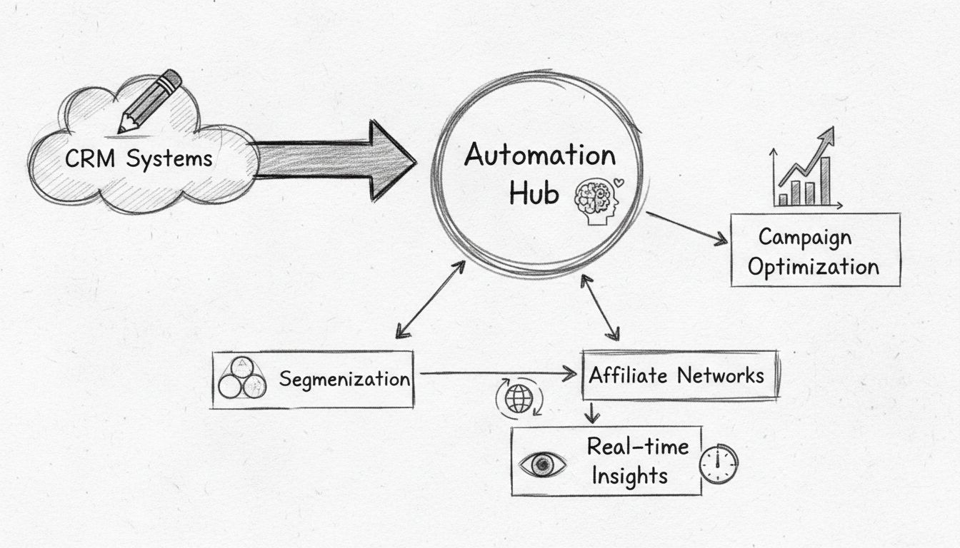 Automation workflow diagram showing data collection, segmentation, personalization, and campaign optimization for affiliate marketing