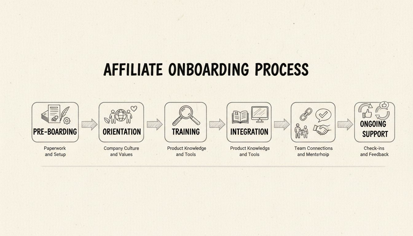 Affiliate onboarding process flow diagram showing five stages: Pre-Boarding, Orientation, Training, Integration, and Ongoing Support