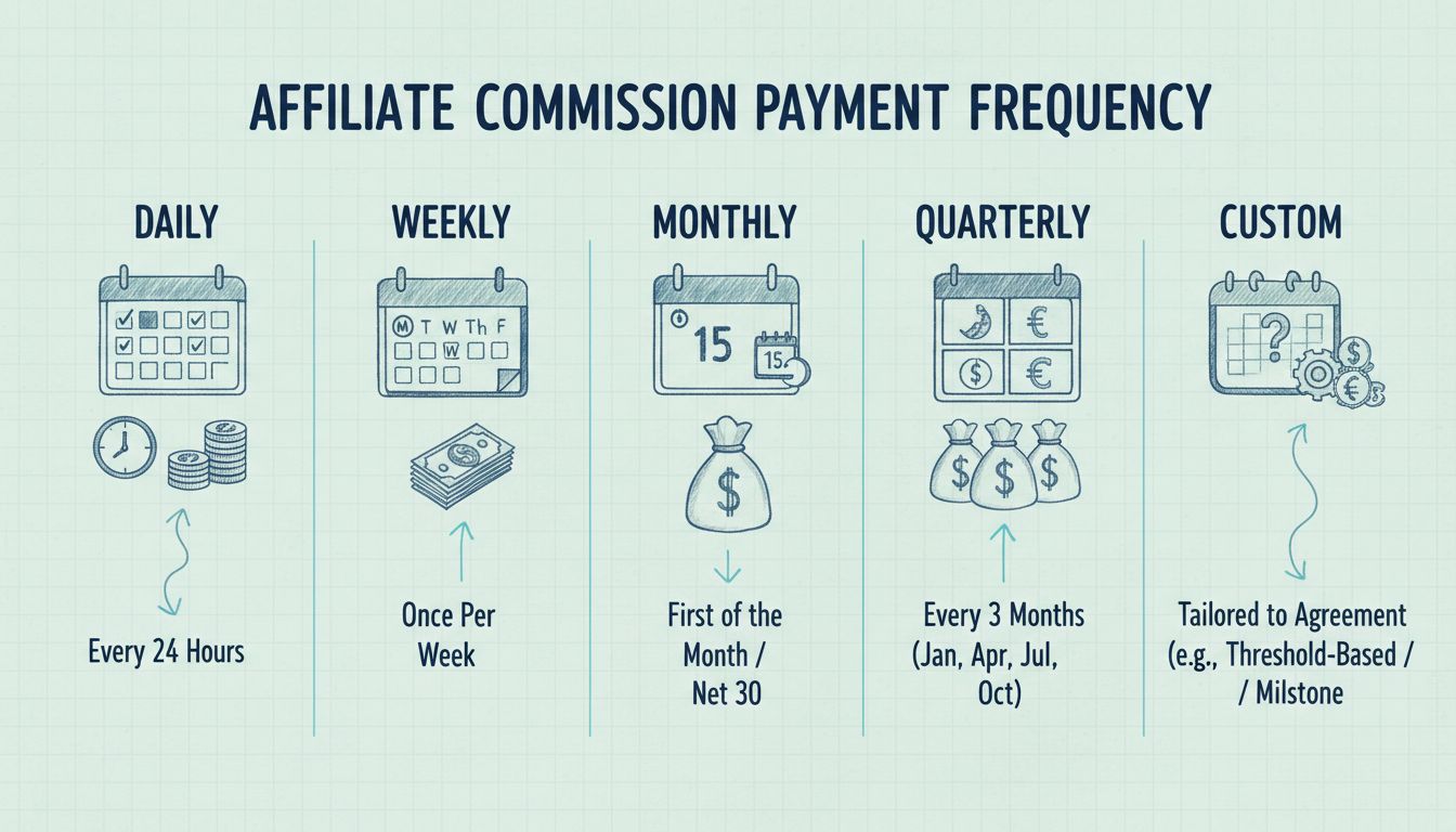 Affiliate commission payment frequency options showing daily, weekly, monthly, quarterly, and custom intervals with calendar icons and payment schedules