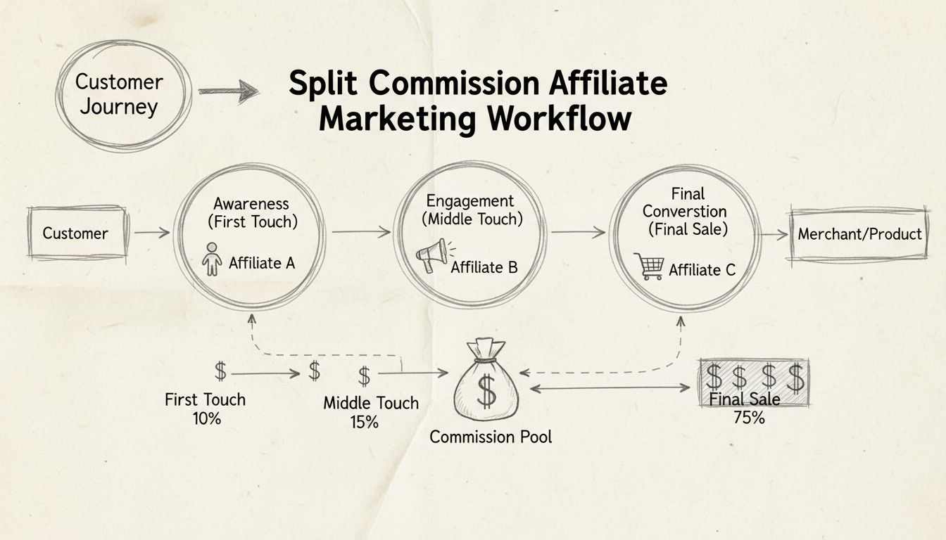 Hand-drawn diagram showing split commission workflow with multiple touchpoints and commission percentages allocated to different affiliates in the customer journey