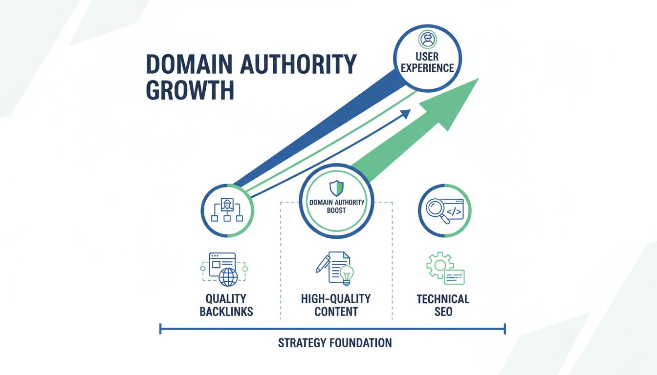 Domain Authority Growth Strategy showing backlinks, content quality, technical SEO, and user experience elements