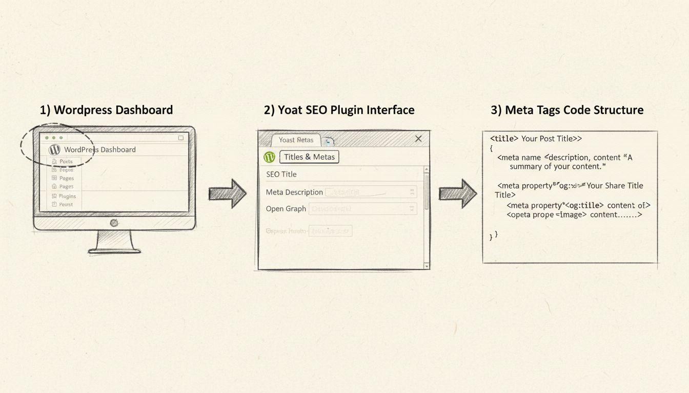 WordPress meta tags workflow diagram showing Yoast SEO plugin integration