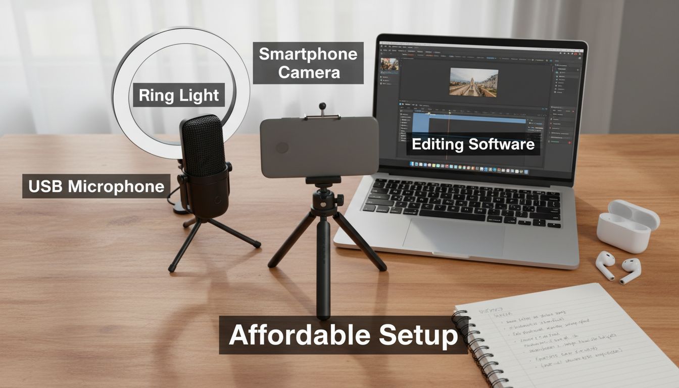 Affordable video creation equipment setup including smartphone on tripod, USB microphone, ring light, and laptop for editing